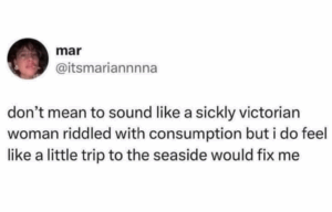 Screenshot of a post that reads, "I don't mean to sound like a sickly victorian woman riddled with consumption but i do feel like a little trip to the seaside would fix me"