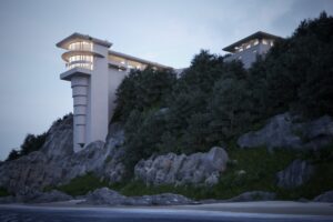 A 3D visualization of a modern house built on a cliff. The house ends in a tower that looks over the cliff.