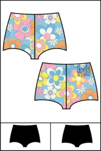 Line drawing of a sewing pattern for bikini shorts.