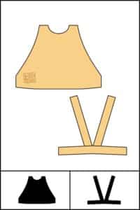 Line drawing of a sewing pattern for a bikini top. It has a high neck and open back.