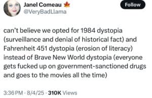 Screenshot of a tweet. Text reads, "can't believe we opted for 1984 dystopia (surveillance and denial of historical fact) and Fahrenheit 451 dystopia (erosion of literacy) instead of Brave New World dystopia (everyone gets fucked up on government-sanctioned drugs and goes to the movies all the time)"