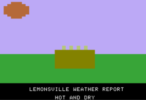 Screenshot of an Apple 2 video game, Lemonade Stand. Primitive 8-bit graphics show a sun and a lemonade stand, with text reading, "Lemonsville weather report: hot and dry"