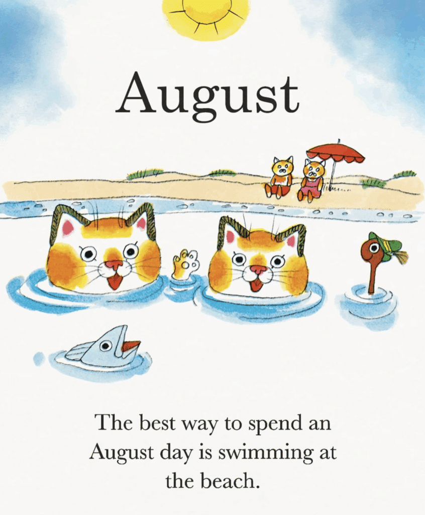 A Richard Scarry illustrtaion of Huck Cat and Lowly Worm swimming in a lake. Text reads, "August. The best way to spend an August day is swimming at a lake."