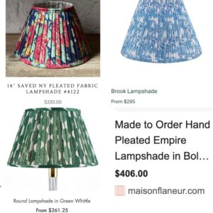 A collage of 4 shopping screenshots with patterned pleated lampshades and prices ranging from $200-$400.