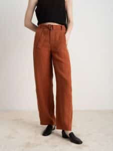 Detail photo of brown barrel-leg chino pants