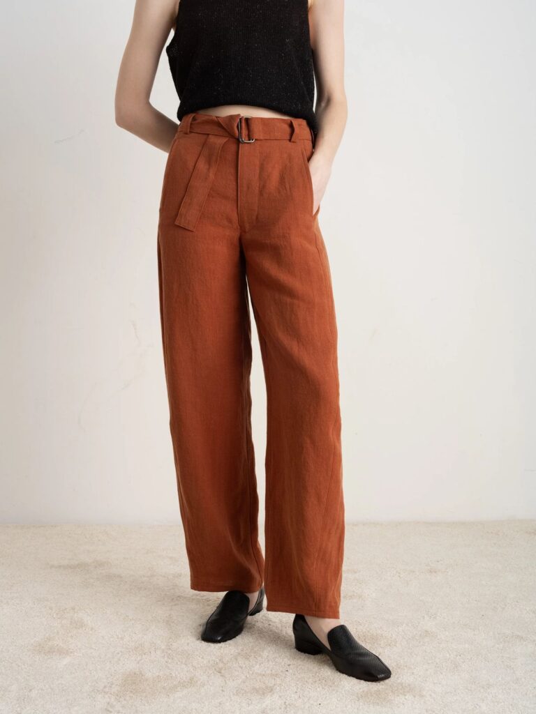 Detail photo of brown barrel-leg chino pants 