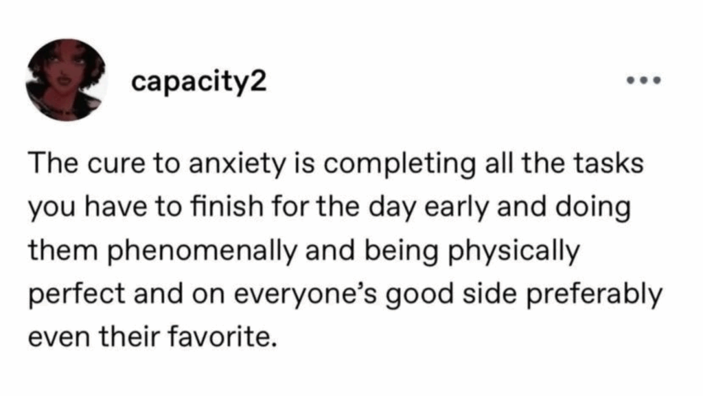 Screenshot of a post that reads, "The cure to anxiety is completing all the tasks you have to finish for the day early and doing them phenomenally and being physically perfect and on everyone's good side preferably even their favorite."