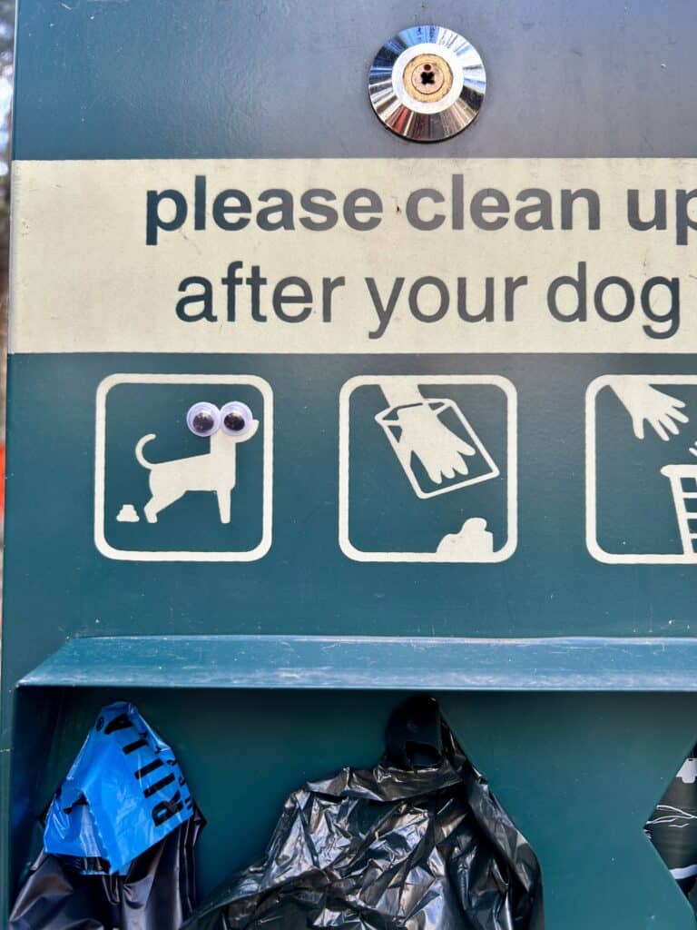 A sign that says "please clean up after your dog." There are icons of a dog and a hand picking up poop on it. Someone has put googly eyes on the dog icon. 