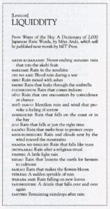 Screenshot of a page from a dictionary of Japanese words for rain. Text says, AKEBI-KUSARASHI: Never-ending autumn rain that rots the akebi fruit BAKEAME: Rain in the sunshine CHI NO AME: Blood rain during a war DEIU: Rain mixed with ashes EMORI: Rain that leaks through the umbrella FUCHIKUNUN: Rain that comes indoors GŨU: Rain that one encounters by coincidence or chance HIF SAN-U: Merciless rain and wind that provoke a feeling of sorrow ISOSHIGURE: Rain that falls on the coast or in the bay JUU: Rain that falls at just the right time KAISOU: Rain that melts frost to protect crops MEGURUSHIGURE: Rain and clouds sent by the wind toward the mountains NAMIDA NO SHIGURE: Rain that falls like tears ONIWAARAI: Rain after a religious ritual PIRIPIRI: A little light rain RIHAU: Rain that loosens the earth for farmers to cultivate SAIKAU: Rain that makes the flowers bloom TERMI: A sudden sprinkle of rain WAKABA AME: Rain falling on new leaves YAYOSHIGURE: A drizzle that falls over and over again ZANTEKI: Remaining raindrops after rain