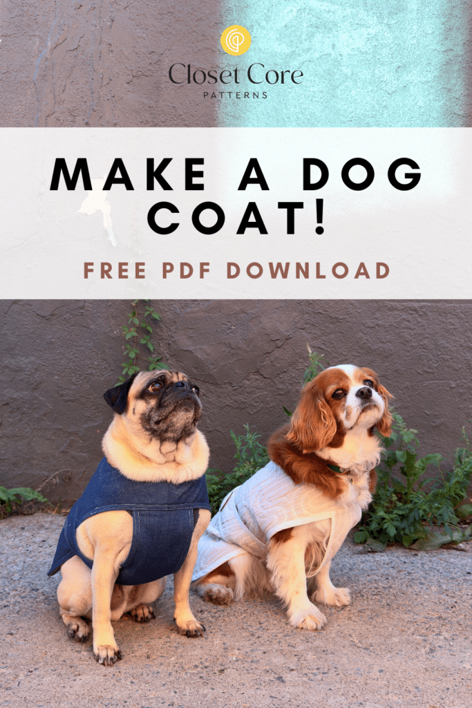 Image with two dogs in coats. Text says Closet Core Patterns - Make a dog coat! - Free PDF download 