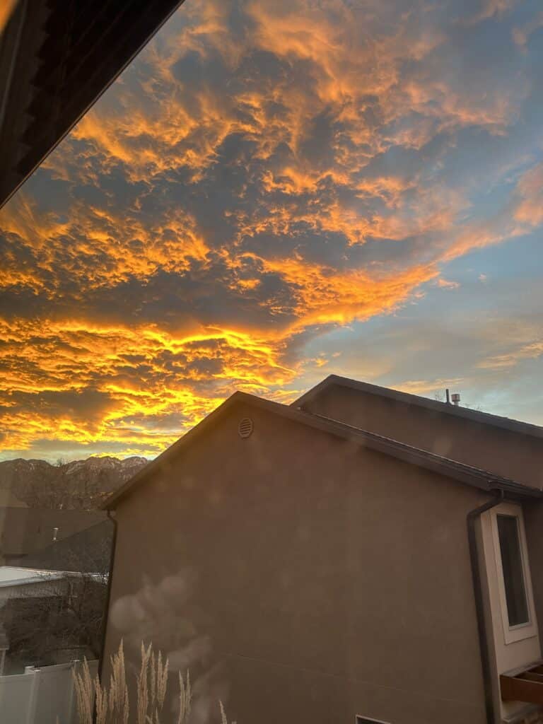 Sunrise clouds lit from below in gold and pink above the neighbor's house 