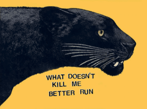 Painting of a black panther head on a yellow background. Text on the painting says, "What doesn't kill me better run"