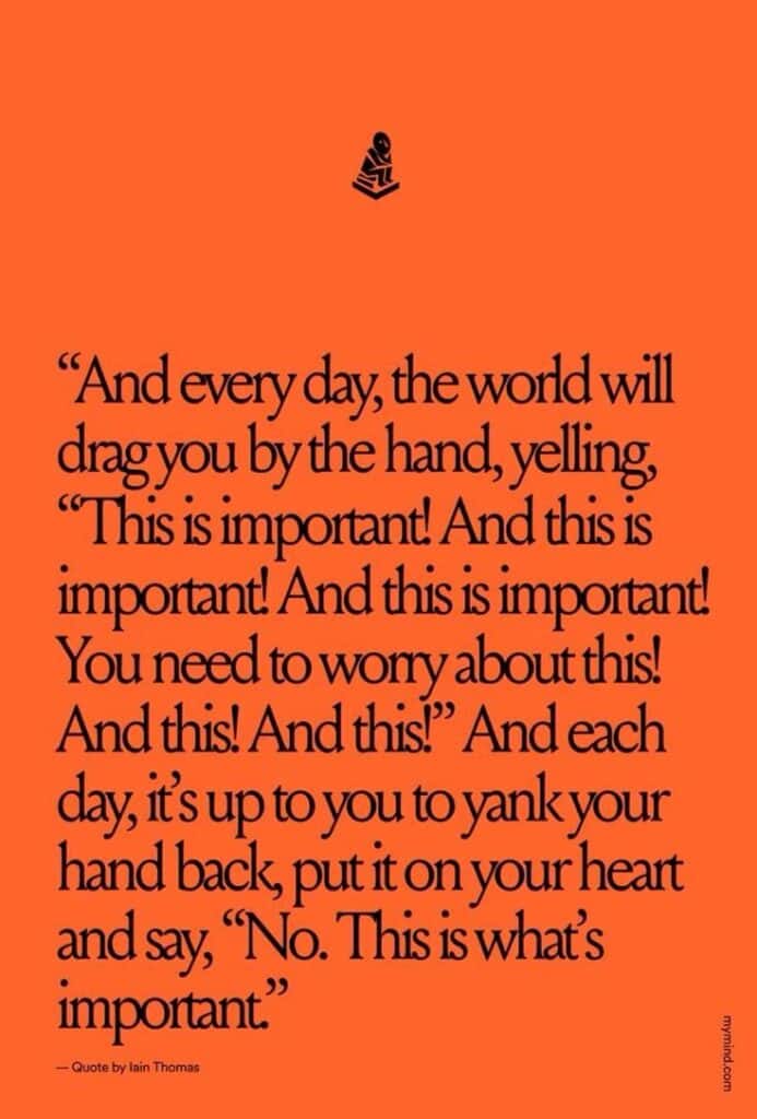 Black text on an orange background that says, "And every day, the world will drag you by the hand, yelling,
"This is important! And this is important! And this is important!
You need to worry about this!
And this! And this!." And each day, it's up to you to yank your hand back, put it on your heart and say, "No. This is what's important"