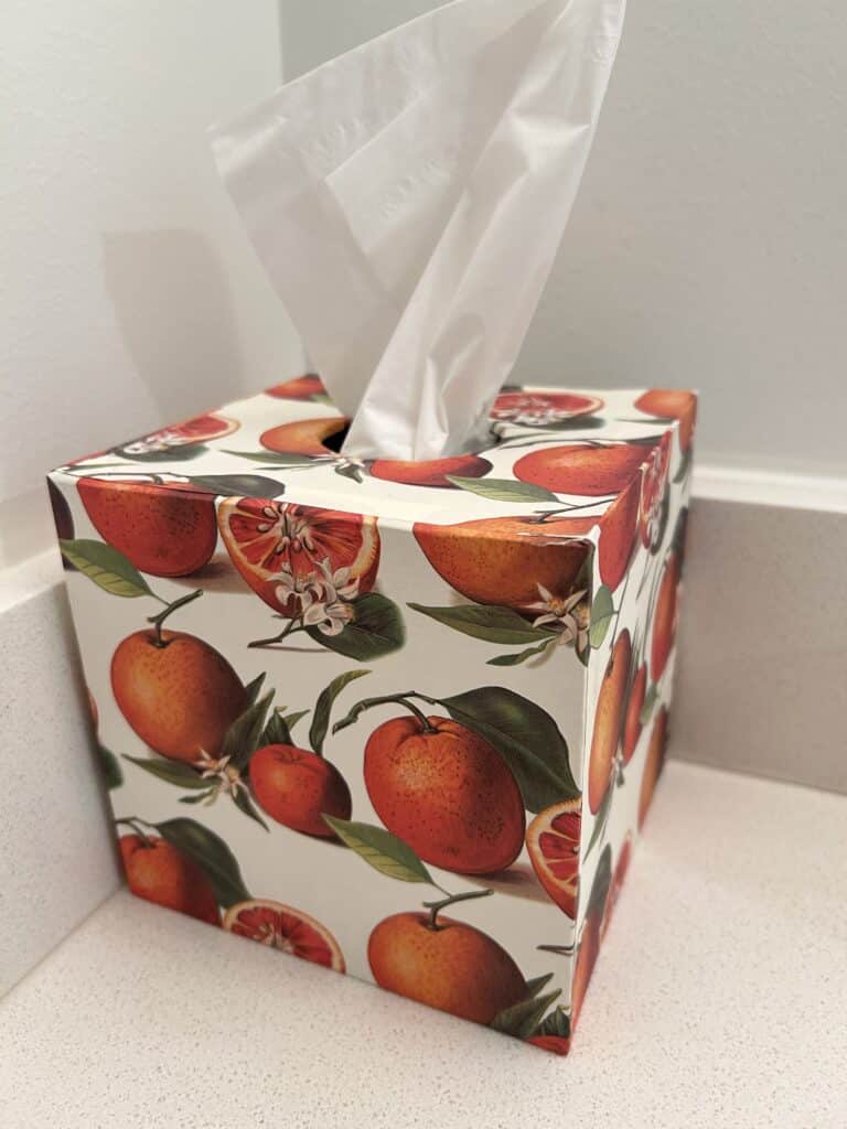 a paper covered square tissue box cover. The paper has botanical-illustration style oranges and leaves on it in rows. 