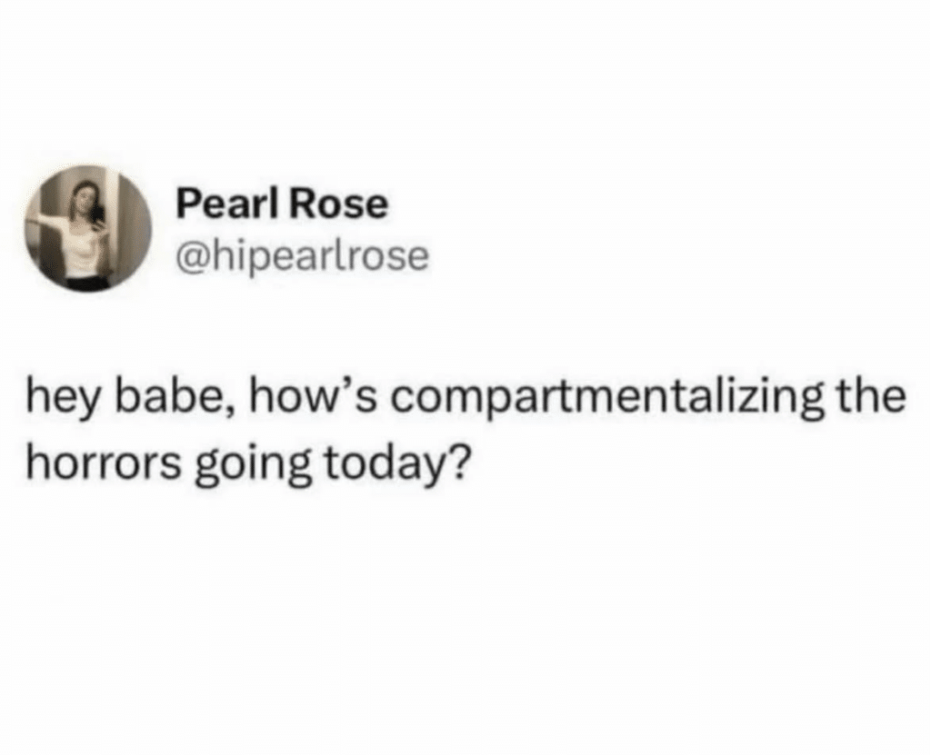 Screenshot of a post that says hey babe, how's compartmentalizing the horrors going today?