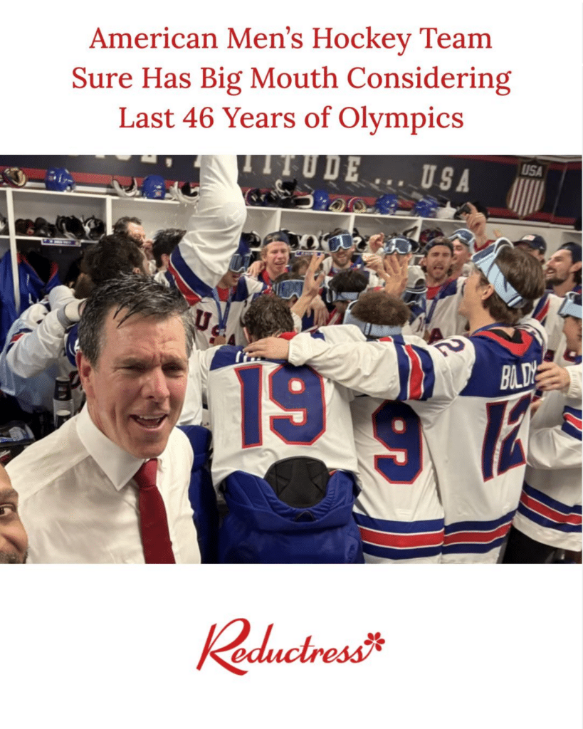 A fake news post with a picture of the men's olympic hockey team celebrating and the headline American Men's Hockey Team Sure Has Big Mouth Considering Last 46 Years of Olympics