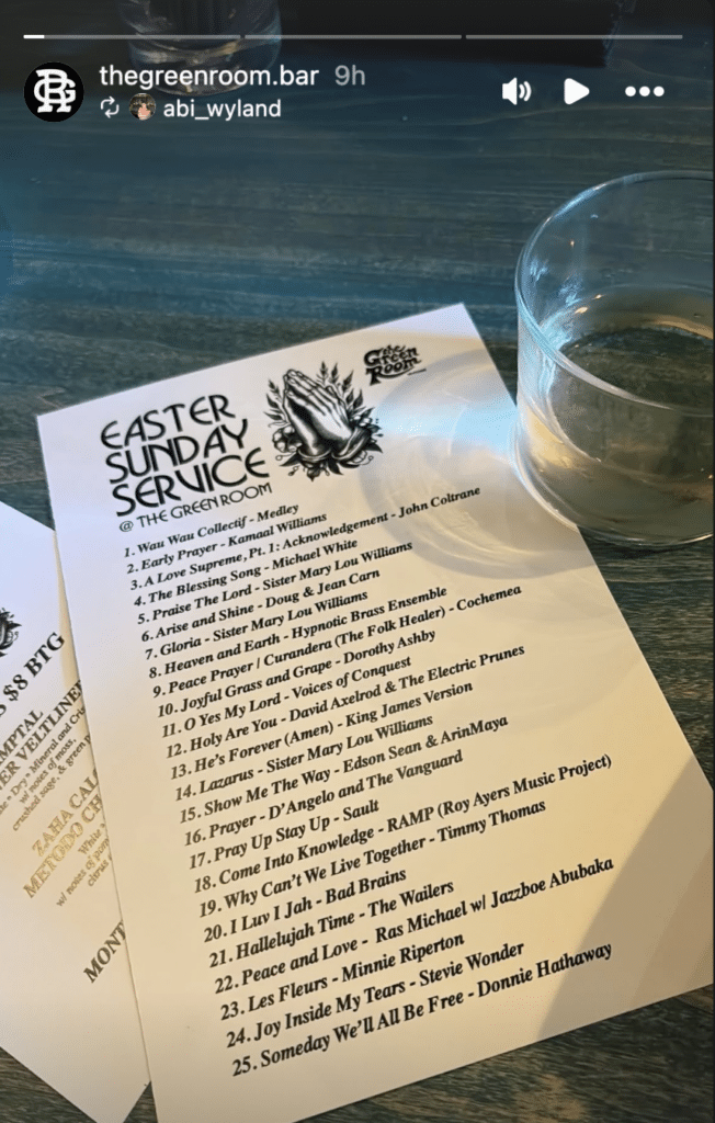 Screenshot of an Instagram story with a printed program of music on a bar with a glass of wine