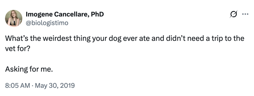 screenshot of a post that says "What's the weirdest thing your dog ever ate and didn't need a trip to the vet for? Asking for me."
