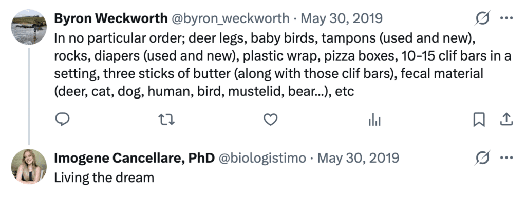 Screenshot of a post that says "In no particular order; deer legs, baby birds, tampons (used and new), rocks, diapers (used and new), plastic wrap, pizza boxes, 10-15 clif bars in a setting, three sticks of butter (along with those clif bars), fecal material (deer, cat, dog, human, bird, mustelid, bear...), etc" with a reply that says "Living the dream" 