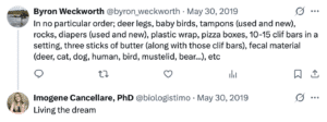 Screenshot of a post that says "In no particular order; deer legs, baby birds, tampons (used and new), rocks, diapers (used and new), plastic wrap, pizza boxes, 10-15 clif bars in a setting, three sticks of butter (along with those clif bars), fecal material (deer, cat, dog, human, bird, mustelid, bear...), etc" with a reply that says "Living the dream"