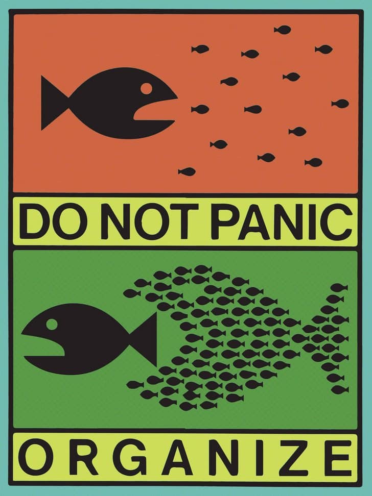 A poster with two sections. The top section has a large fish pursuing many small scattered fish. The bottom section has the small fish formed into the shape of a larger fish and it is chasing the larger fish from the toip section. Text says, DO NOT PANIC. ORGANIZE.