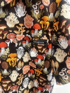 Close up of a shirt pocket in a brown and orange mushroom print