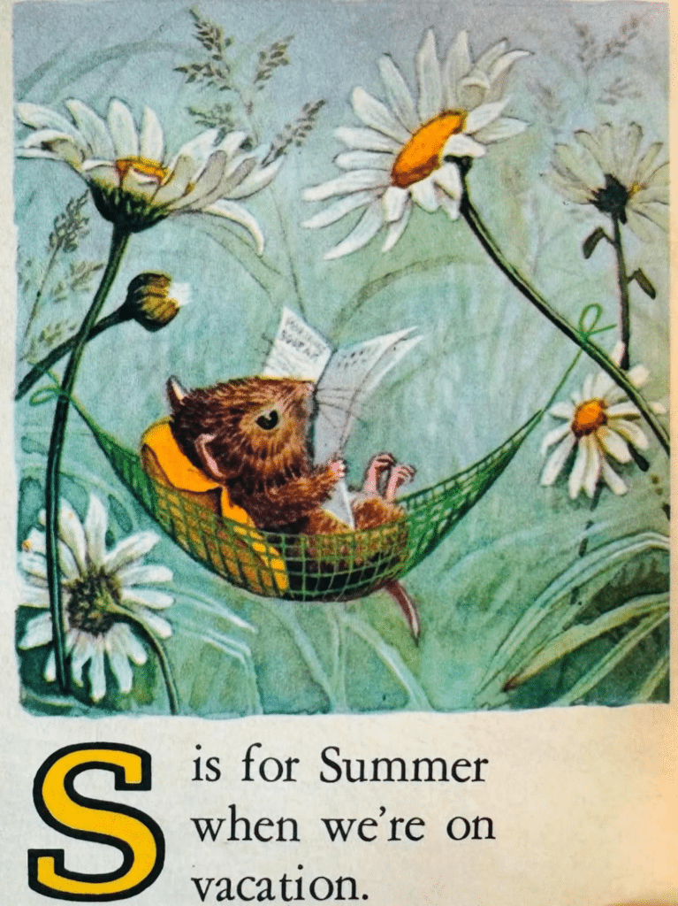 An illustration from a children's book of a mouse in a leaf hammock in a field of daisies. Text says, S is for Summer when we're on vacation.