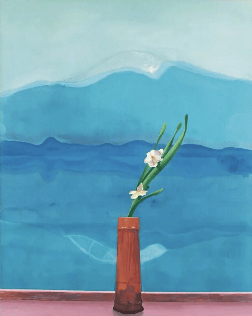 David Hockney's "Mount Fuji And Flowers," with flowers in a red vase in front of turquoise mountains.