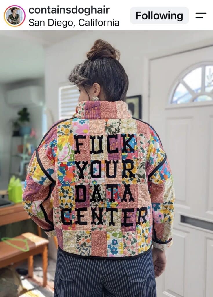 Screenshot of an Instagram post by containsdoghar. It is the back view of a woman wearing a quilted pullover. The words FUCK YOUR DATA CENTER have been pieced into the quilt back