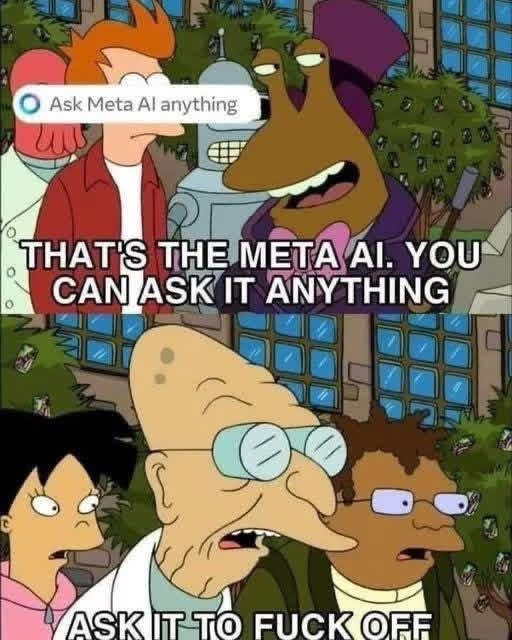 A still from the Futurama cartoon with updated captions. Captions have one character saying THAT'S THE META AI. YOU CAN ASK IT ANYTHING and another character replying ASK IT TO FUCK OFF