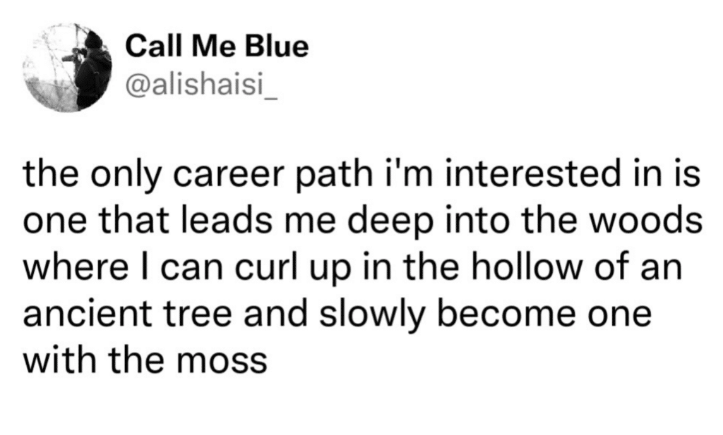 Screenshot of a tweet that says the only career path i'm interested in is one that leads me deep into the woods where I can curl up in the hollow of an ancient tree and slowly become one with the moss