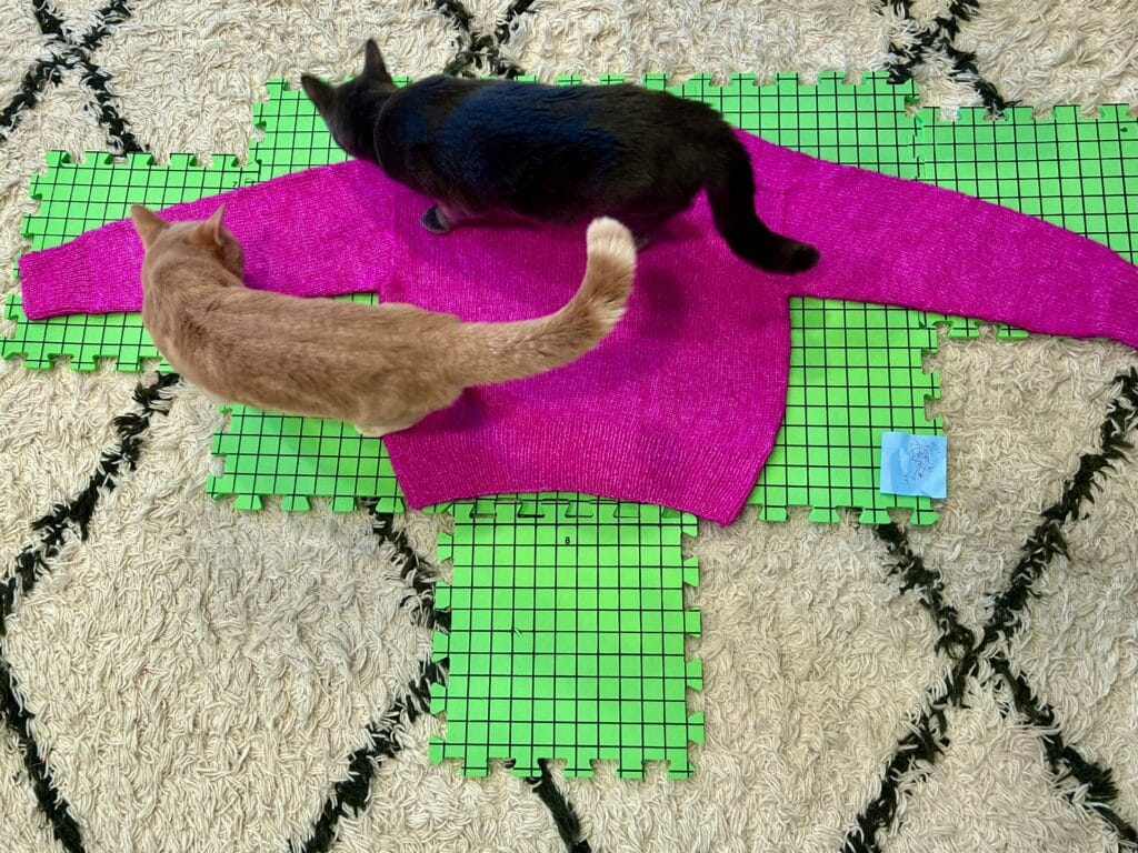 An orange cat and a gray cat walk over a pink sweater that's pinned to a blocking mat. They are the Sweater Inspectors. 