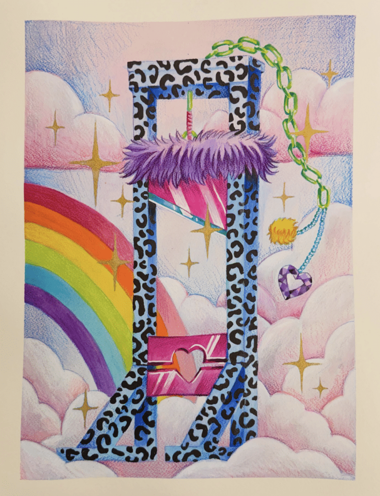 Hand drawn illustration of a leopard print guillotine in front of a rainbow cloud background