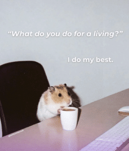Photo of a hamster sitting at a desk with a cup of coffee. Text on the photo says "What do you do for a living?" I do my best.
