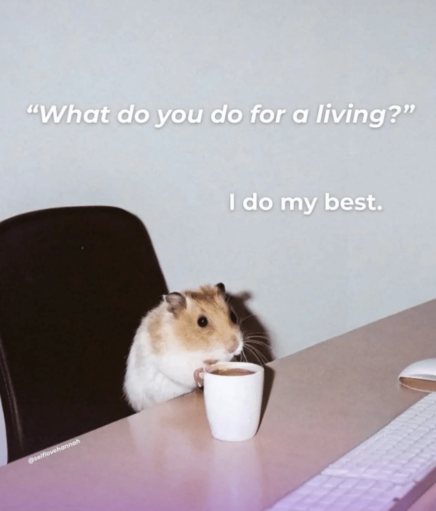 Photo of a hamster sitting at a desk with a cup of coffee. Text on the photo says "What do you do for a living?" I do my best.
