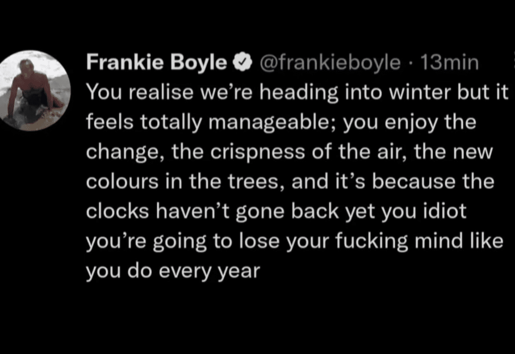 Screenshot of a tweet htat says You realise we're heading into winter but it feels totally manageable; you enjoy the change, the crispness of the air, the new colours in the trees, and it's because the clocks haven't gone back yet you idiot you're going to lose your fucking mind like you do every year
